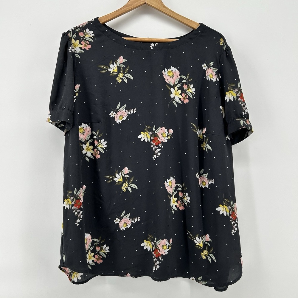 LOFT Plus Floral Blouse Womens 18 Gray Polka Dot Button Back Top Flowy Tunic
